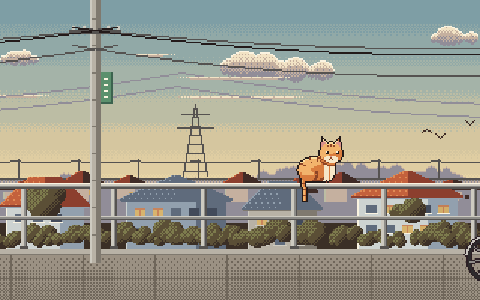 Mikan sitting on a railing above a Japanese town at dusk